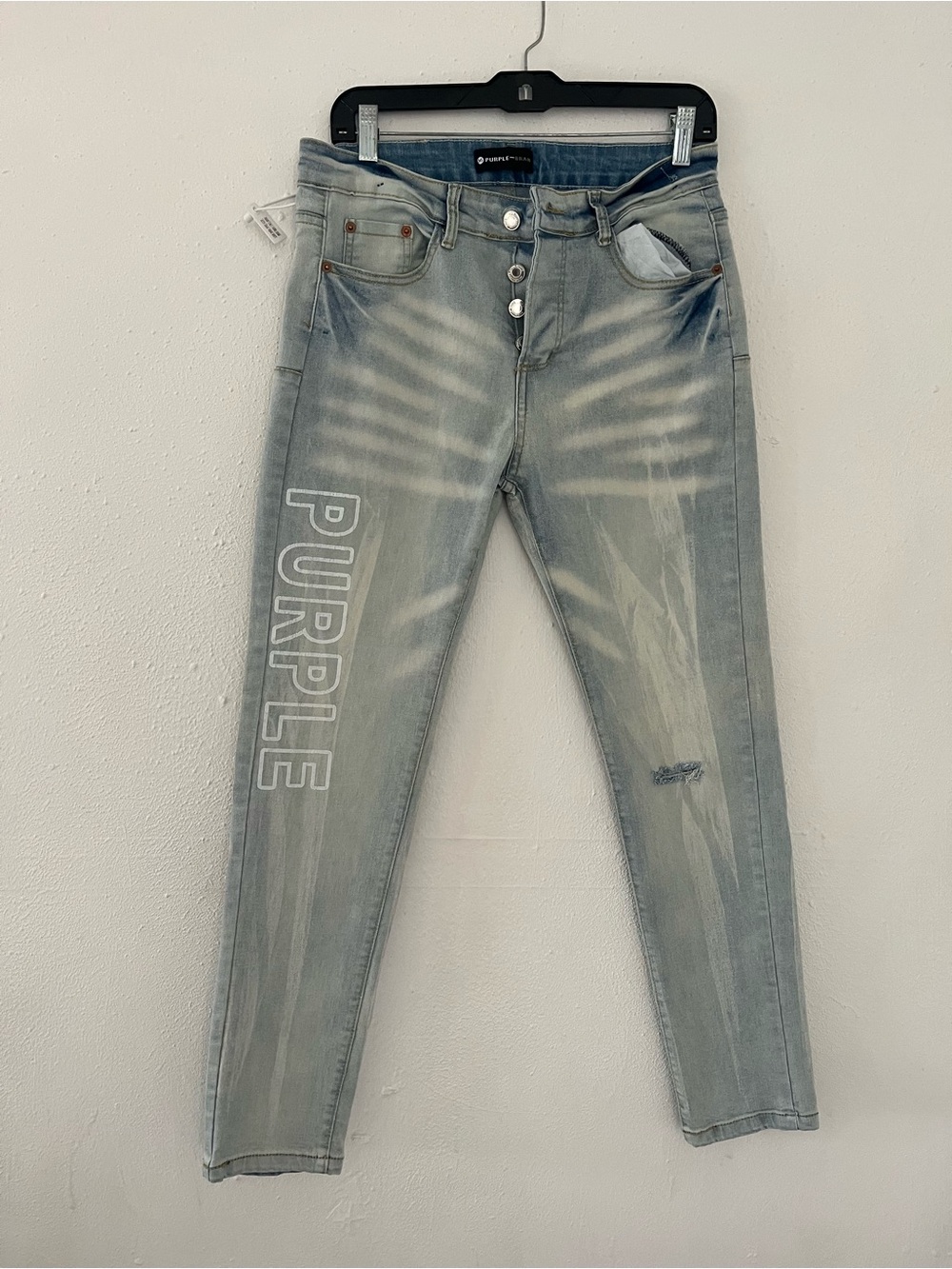 Mens Light Wash Skinny Jeans with 'PURPLE' Side Lettering